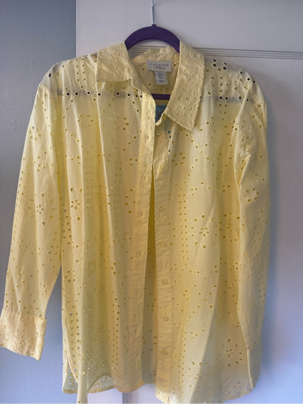 Calypso St. Barth Pale Yellow Eyelet Button-Up Shirt